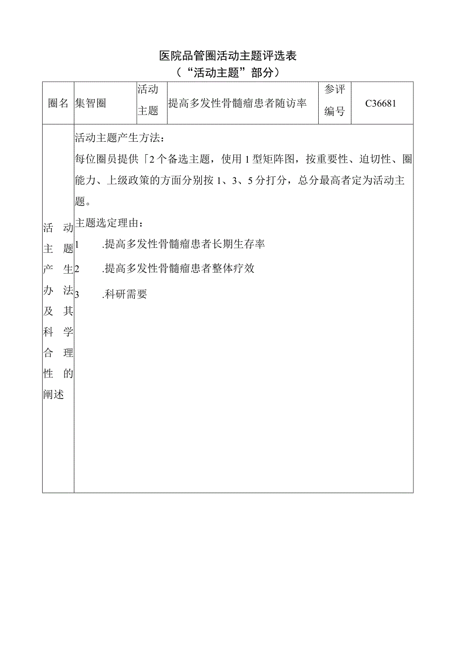 医院品管圈提高多发性骨髓瘤患者随访率活动主题评选表.docx_第1页