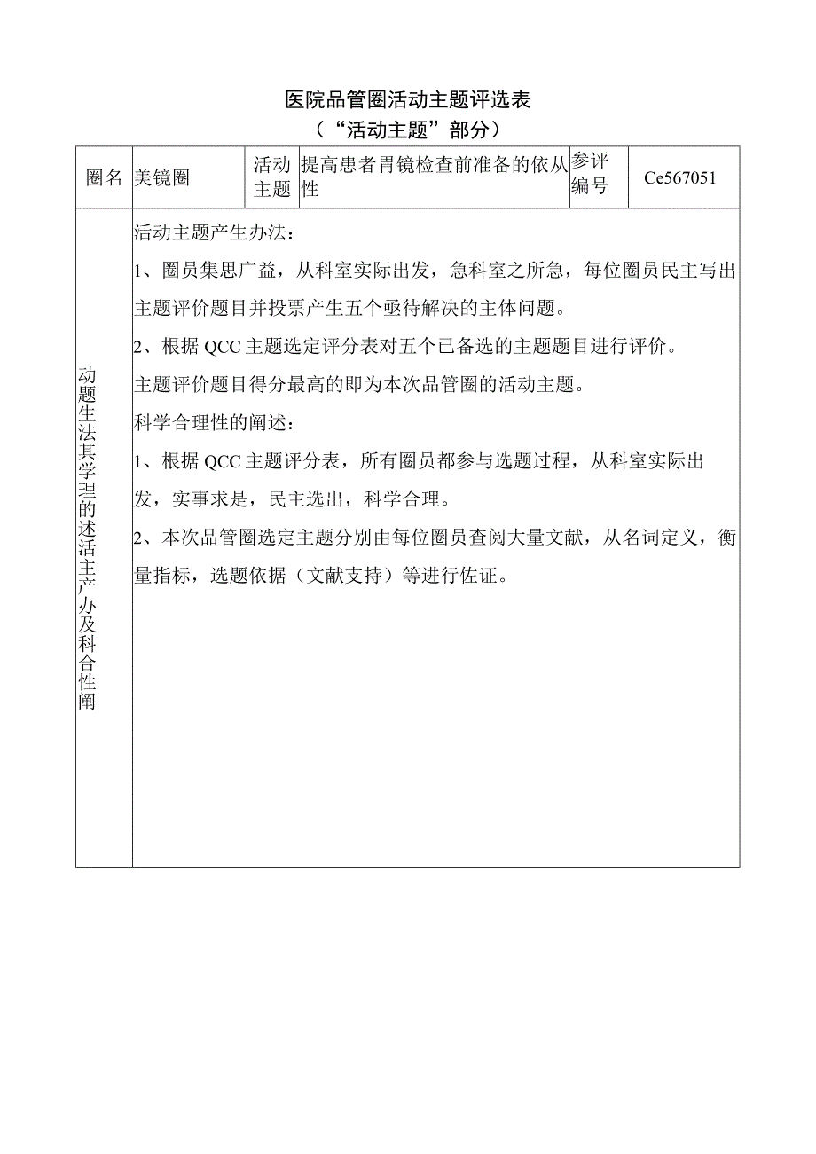 医院品管圈提高患者胃镜检查前准备的依从性活动主题评选表.docx_第1页