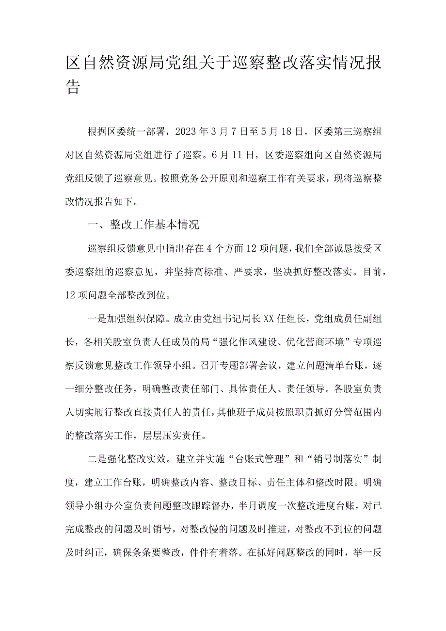 区自然资源局党组关于巡察整改落实情况报告.docx_第1页