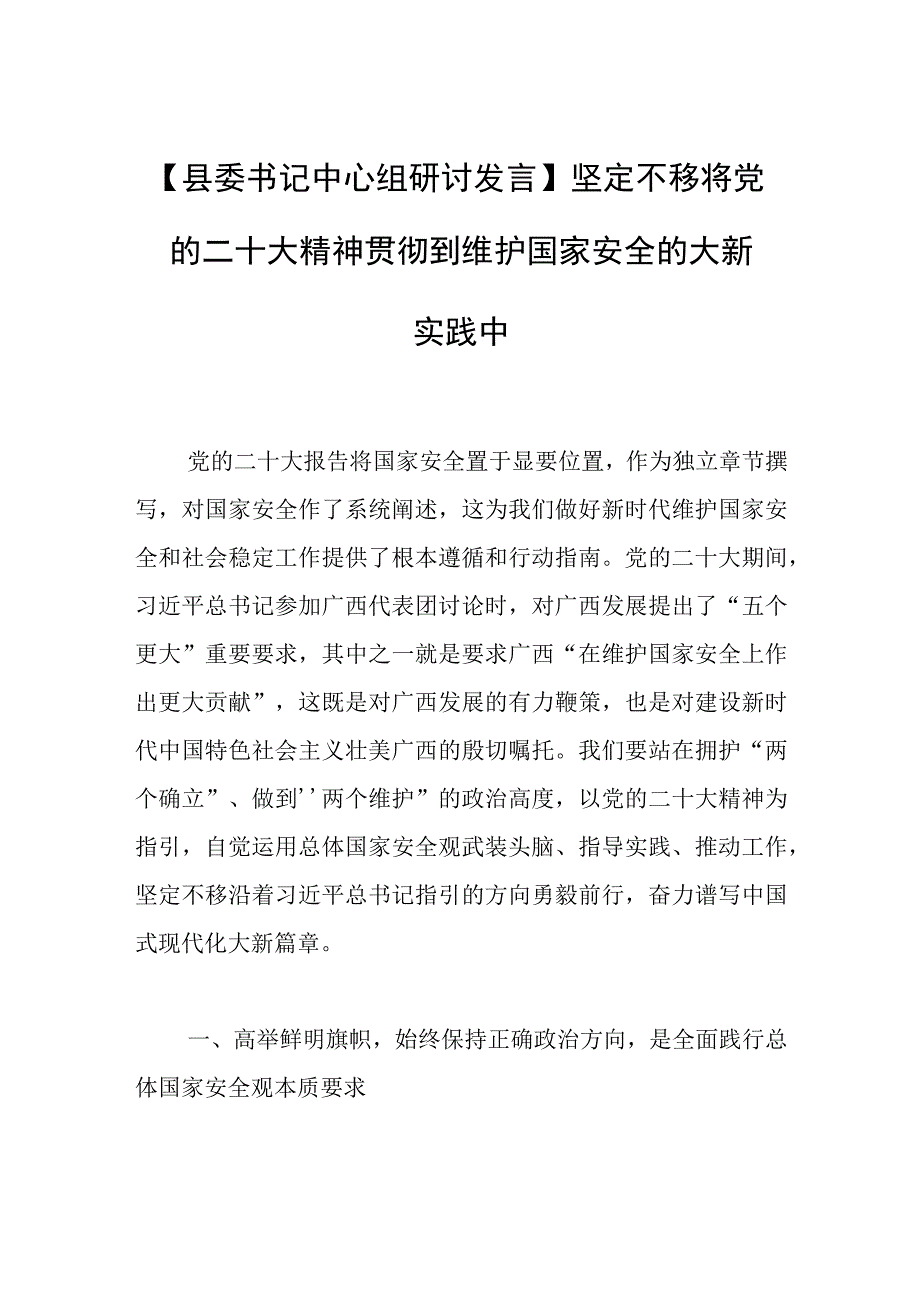 县委书记中心组研讨发言坚定不移将党的二十大精神贯彻到维护国家安全的大新实践中.docx_第1页