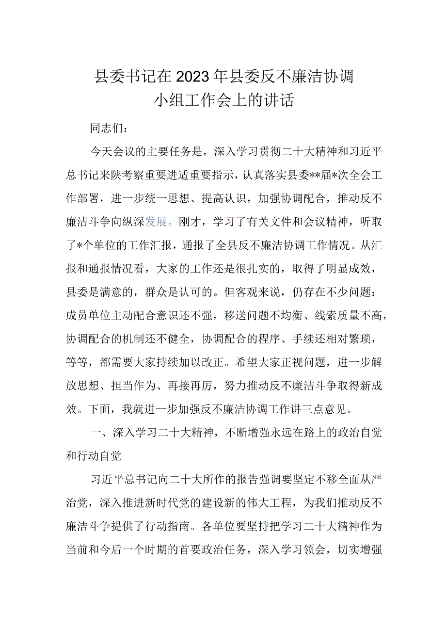 县委书记在2023年县委反不廉洁协调小组工作会上的讲话.docx_第1页