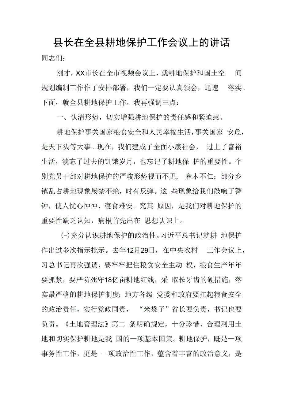 县长在全县耕地保护工作会议上的讲话.docx_第1页