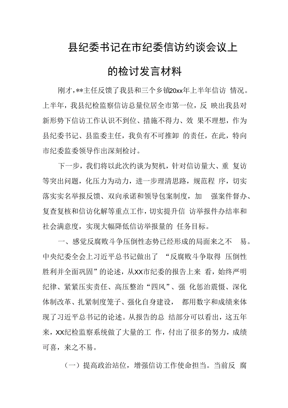 县纪委书记在市纪委信访约谈会议上的检讨发言材料.docx_第1页