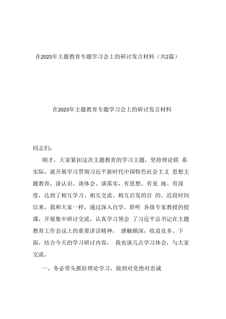 在2023年主题教育专题学习会上的研讨发言材料(共2篇).docx_第1页