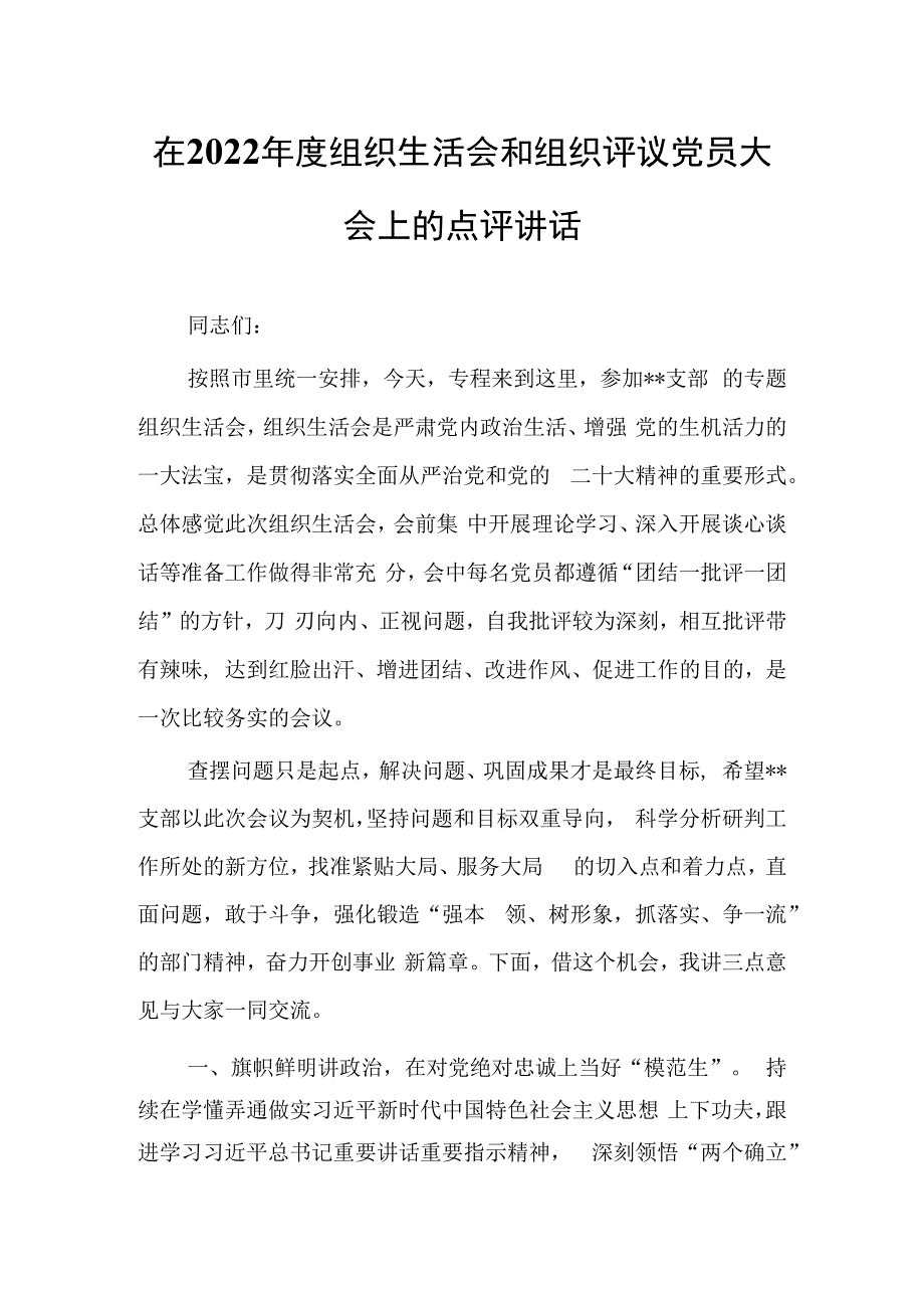 国企党支部班子2023年度专题组织生活会和组织评议党员大会上的点评讲话材料共3篇.docx_第1页