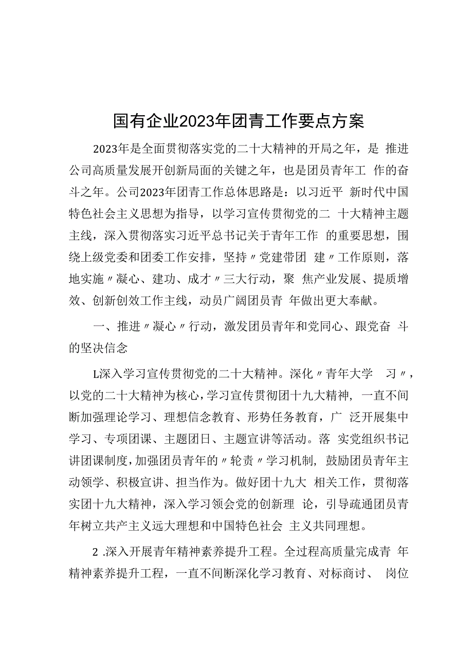 国有企业2023年团青工作要点计划.docx_第1页