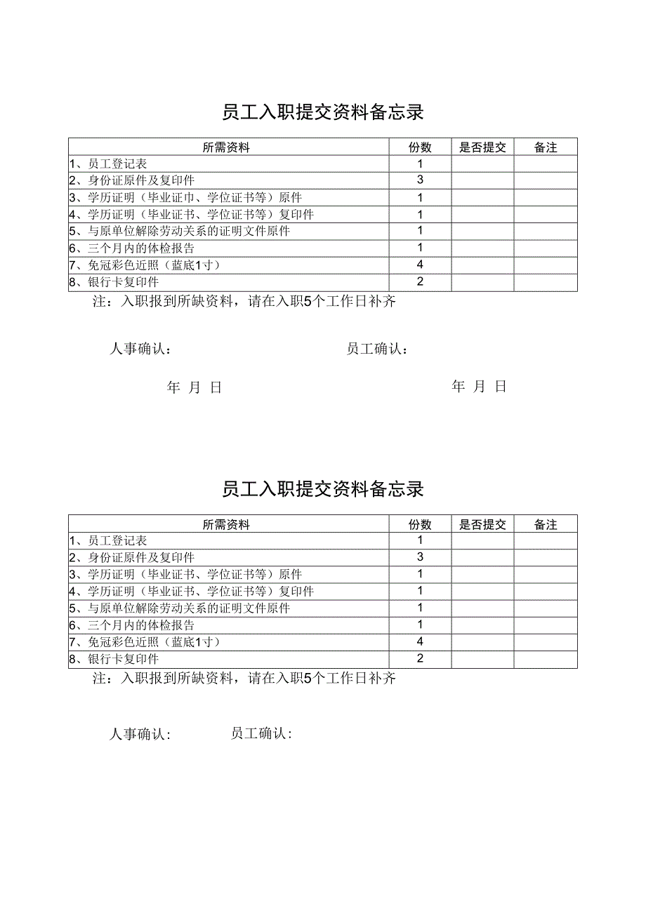 员工入职提交资料备忘录.docx_第1页