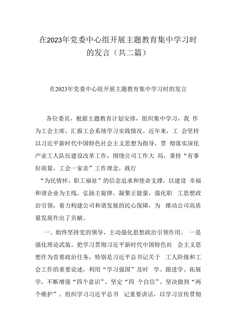 在2023年党委中心组开展主题教育集中学习时的发言(共二篇)(1).docx_第1页