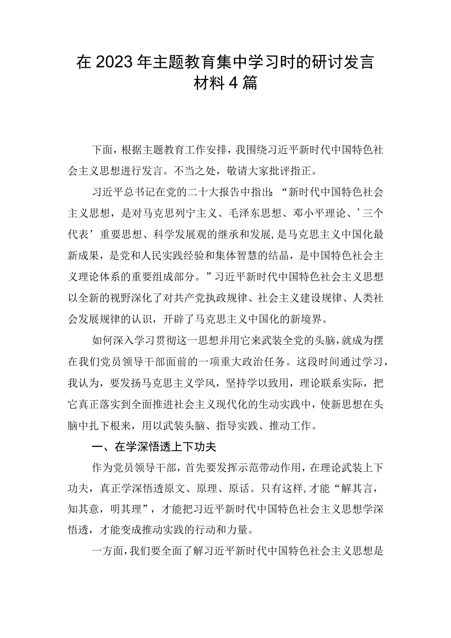 在2023年主题教育集中学习时的研讨发言材料4篇.docx_第1页