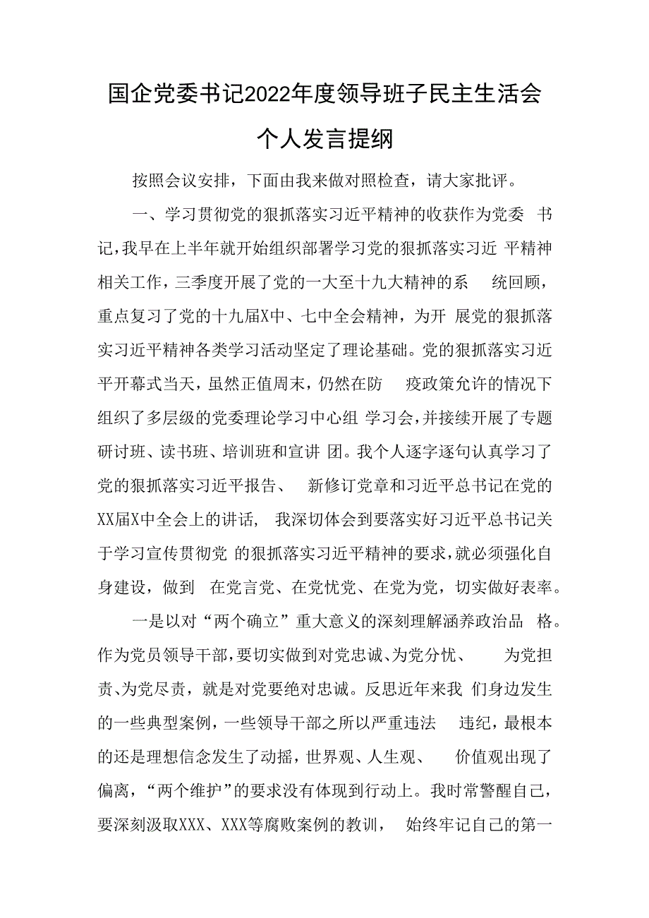 国企党委书记2023年度领导班子民主生活会个人发言提纲.docx_第1页