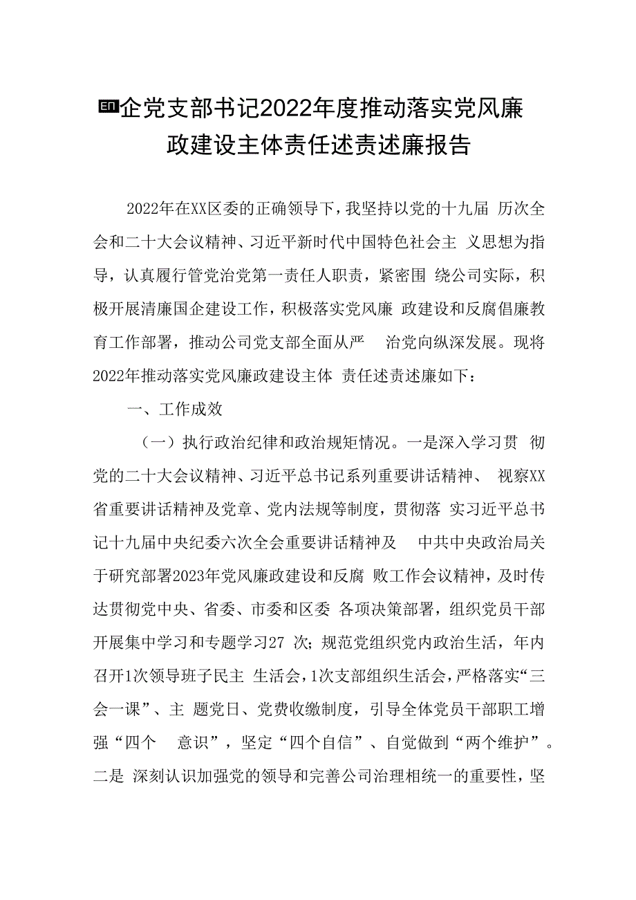 国企党支部书记2023年度推动落实党风廉政建设主体责任述责述廉报告.docx_第1页