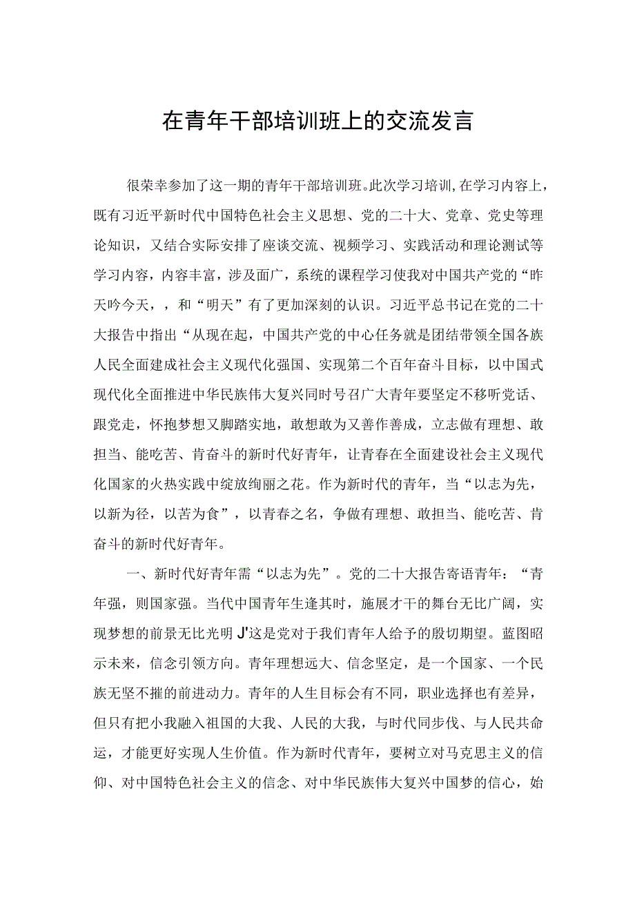 在青年干部培训班上的交流发言.docx_第1页