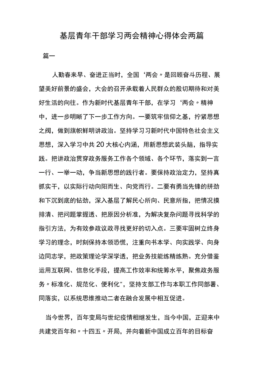 基层青年干部学习两会精神心得体会两篇.docx_第1页