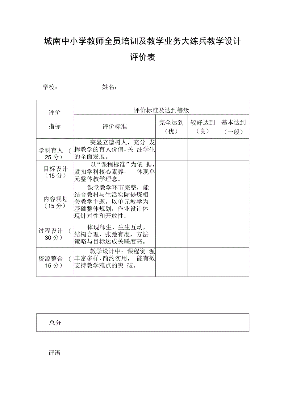 城南中小学教师全员培训及教学业务大练兵教学设计评价表（模板）.docx_第1页