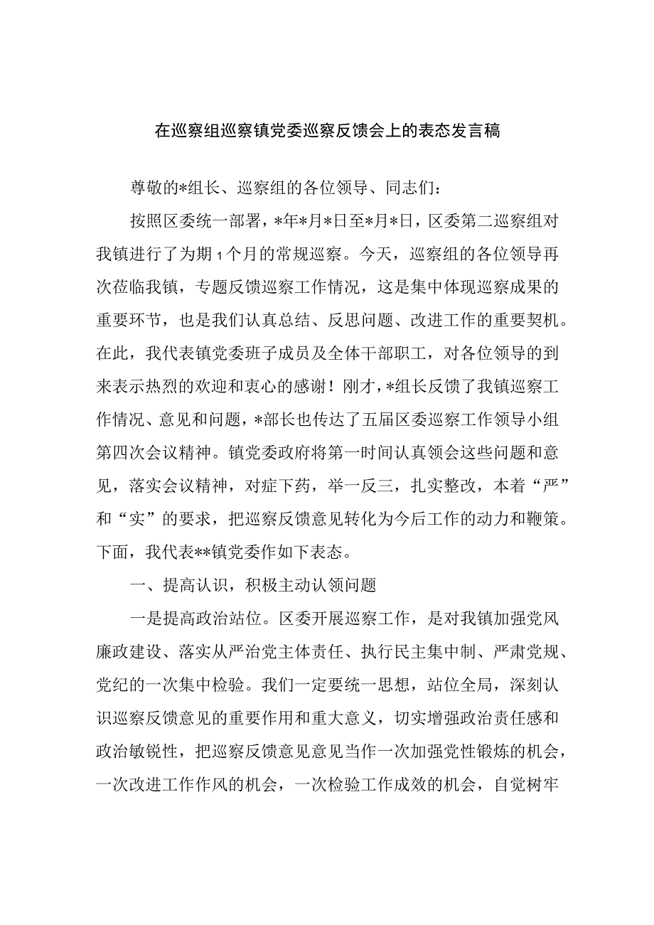 在巡察组巡察镇党委巡察反馈会上的表态发言稿.docx_第1页