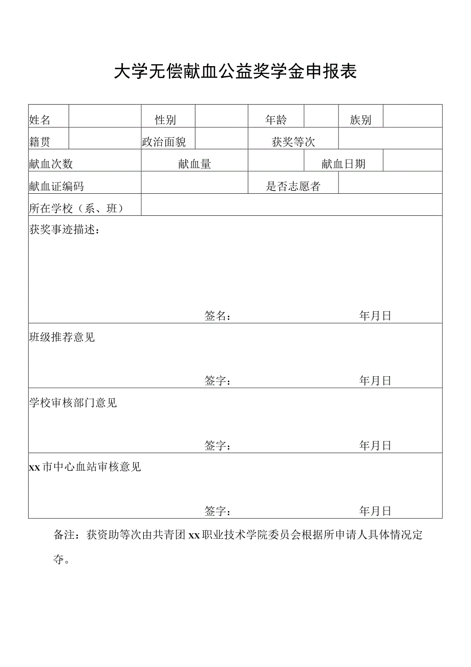 大学无偿献血公益奖学金申报表.docx_第1页