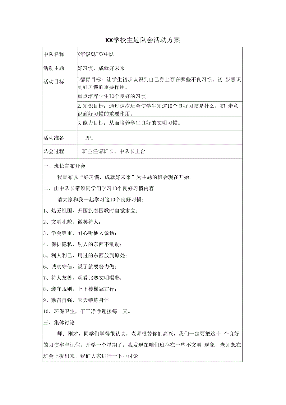 好习惯成就好未来主题队会活动方案.docx_第1页