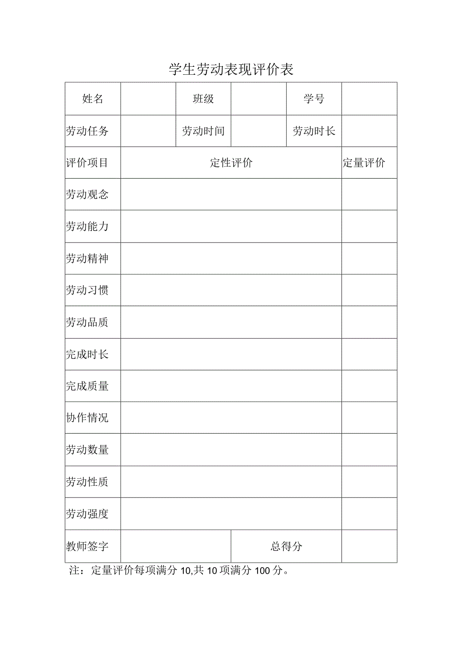 学生劳动表现评价表.docx_第1页