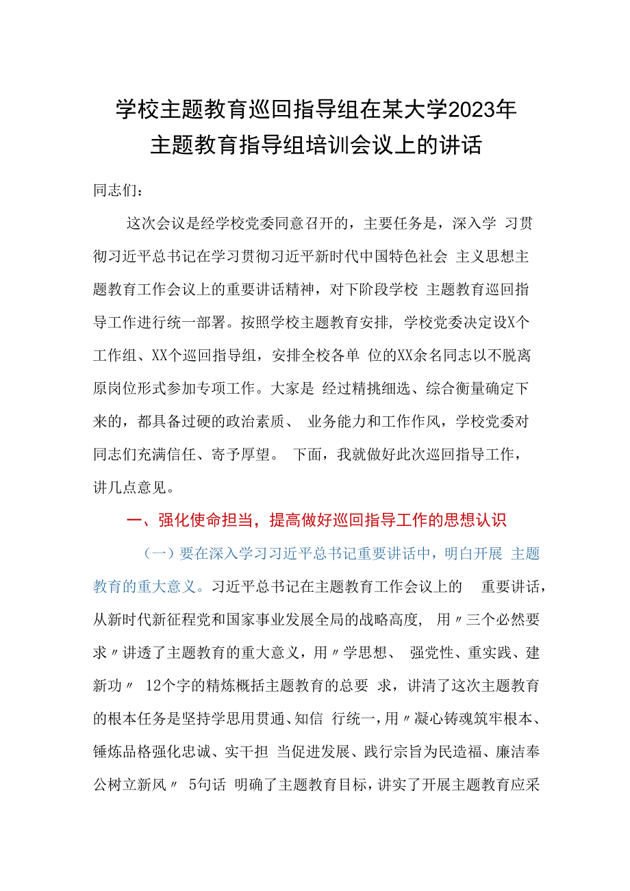 学校主题教育巡回指导组在某大学2023年主题教育指导组培训会议上的讲话.docx_第1页