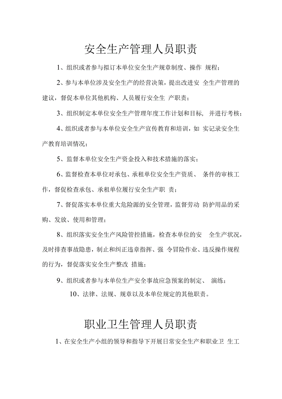 安全生产管理人员及职业卫生管理人员职责.docx_第1页