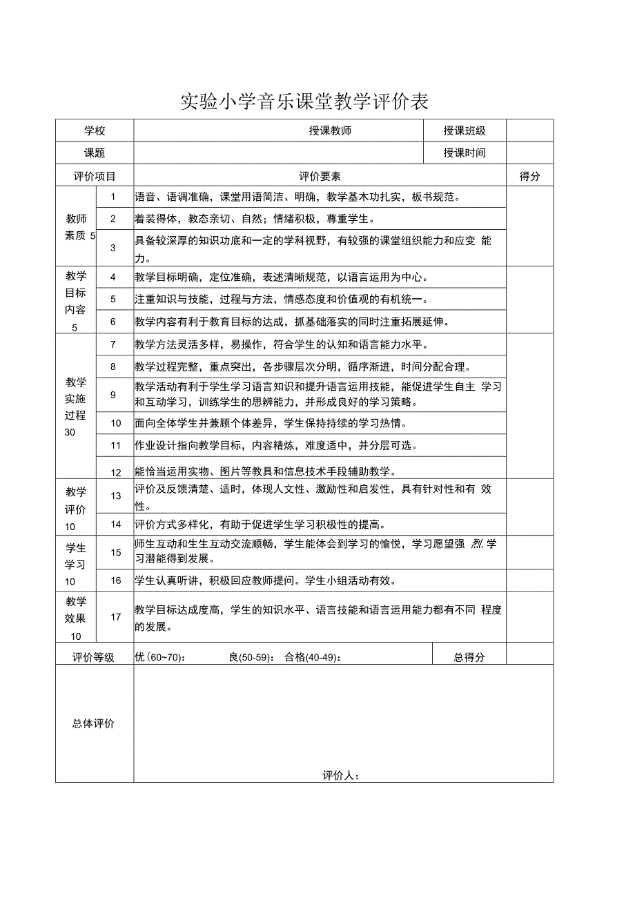 实验小学音乐课堂教学评价表.docx_第1页