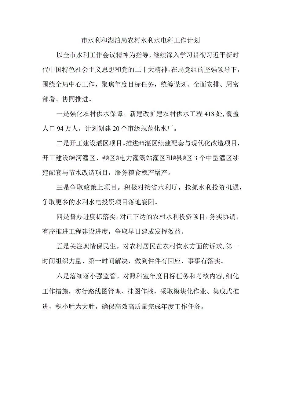 市水利和湖泊局农村水利水电科工作计划.docx_第1页