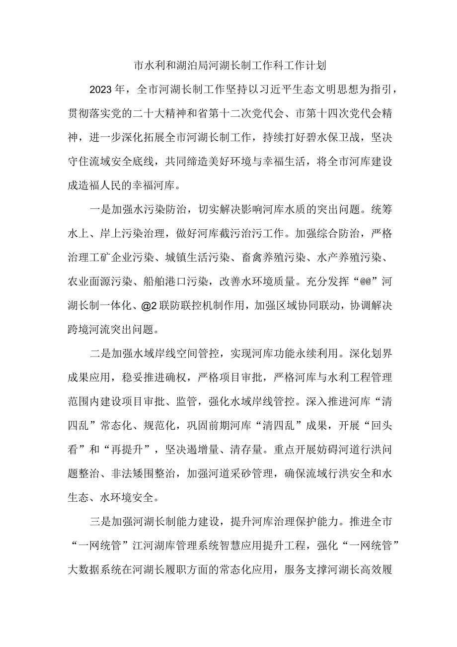 市水利和湖泊局河湖长制工作科工作计划.docx_第1页