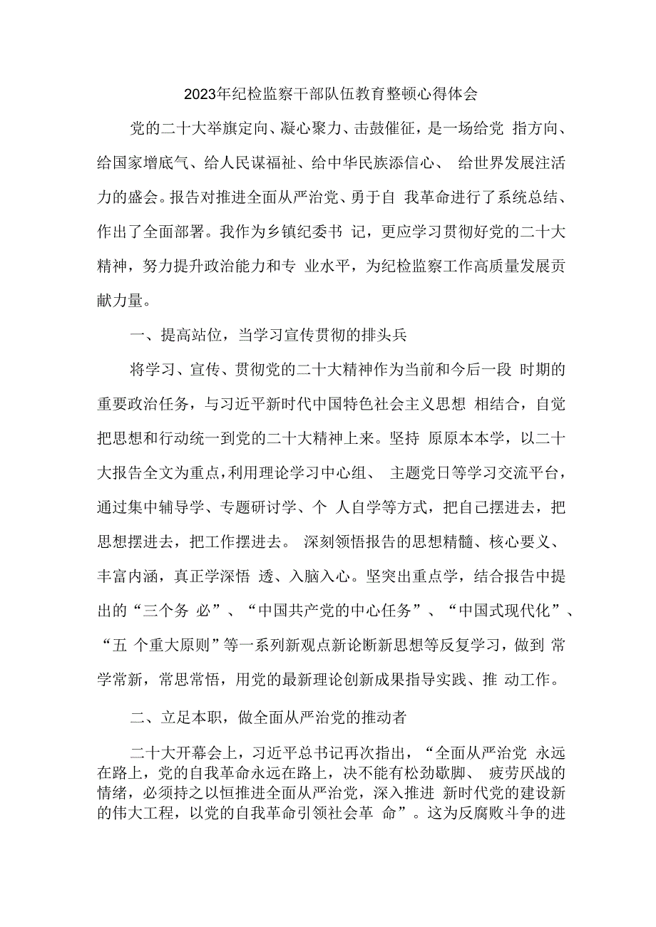 市区街道社区2023年纪检监察干部队伍教育整顿个人心得体会 汇编4份.docx_第1页