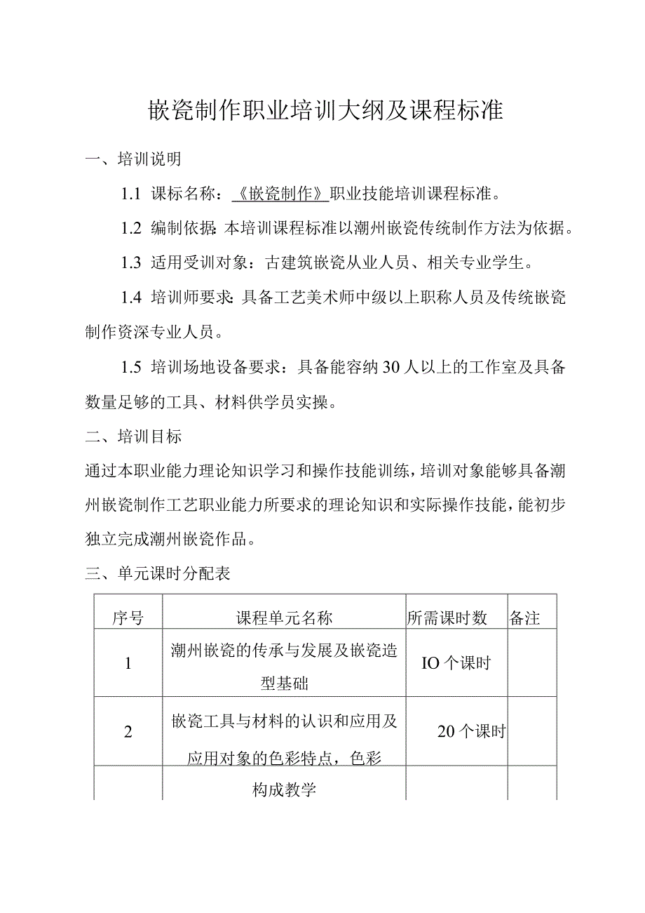 嵌瓷制作职业培训大纲及课程标准.docx_第1页