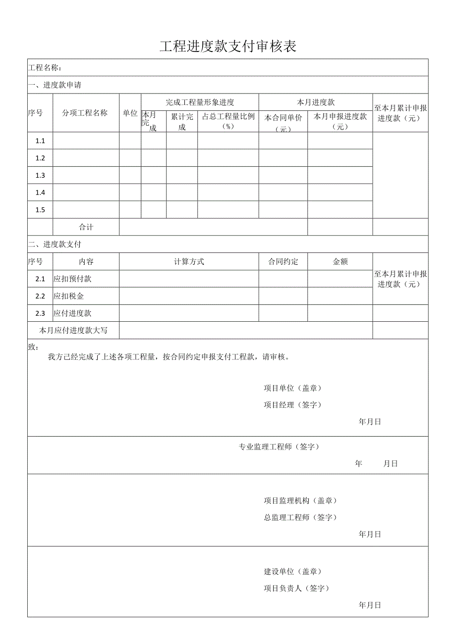 工程进度款支付审核表空白模板.docx_第1页