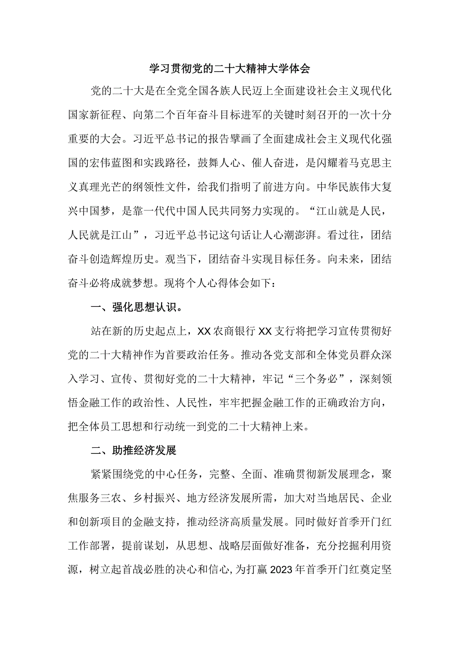 市区银行主任学习贯彻党的二十大精神个人心得体会 （3份）.docx_第1页