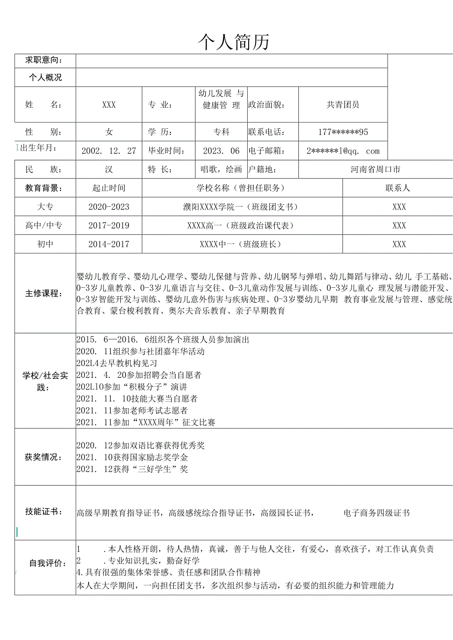 幼儿发展与健康管理相关专业应届生求职简历模板.docx_第1页