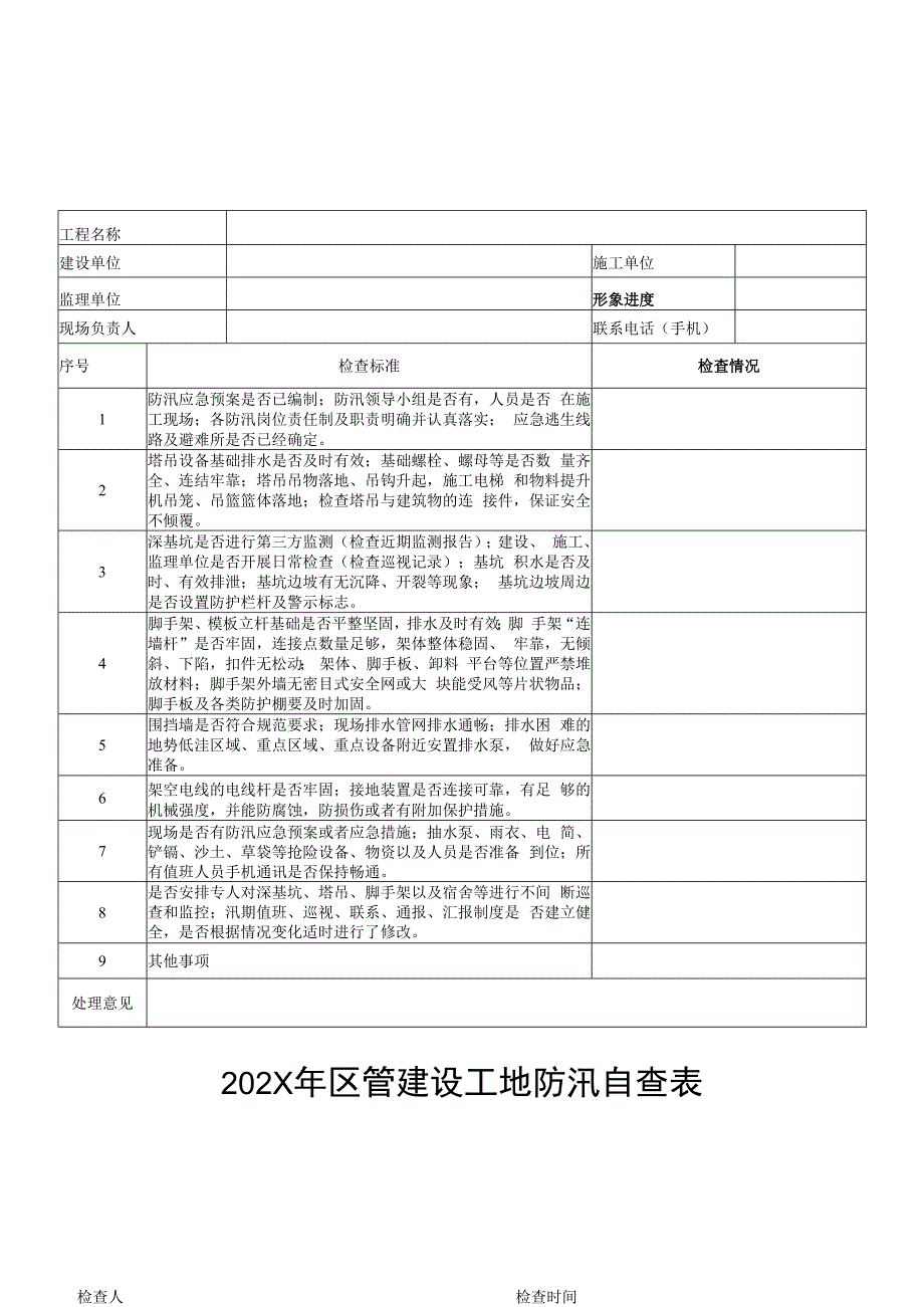 年度区管建设工地防汛自查表.docx_第1页