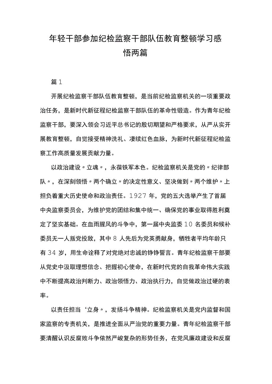 年轻干部参加纪检监察干部队伍教育整顿学习感悟两篇.docx_第1页