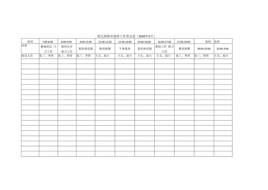 幼儿园保安值班工作登记表.docx_第1页