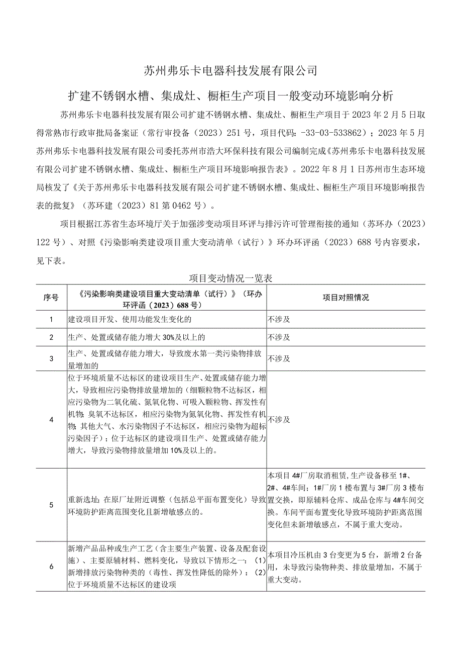 苏州弗乐卡电器科技发展有限公司扩建不锈钢水槽、集成灶、橱柜生产项目一般变动环境影响分析.docx_第1页