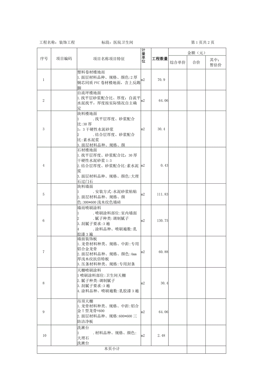 装饰工程分部分项工程量清单与计价表（医院卫生间民用安装工程).docx_第1页