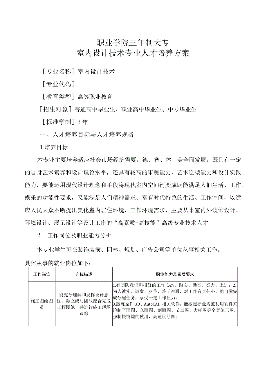 艺术设计专业职院3年制《室内设计技术》方向人才培养方案.docx_第1页