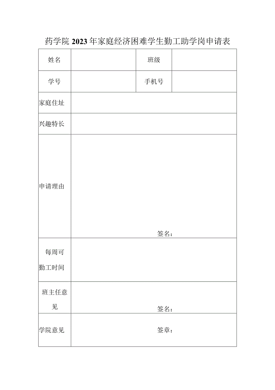 药学院2023年家庭经济困难学生勤工助学岗申请表.docx_第1页