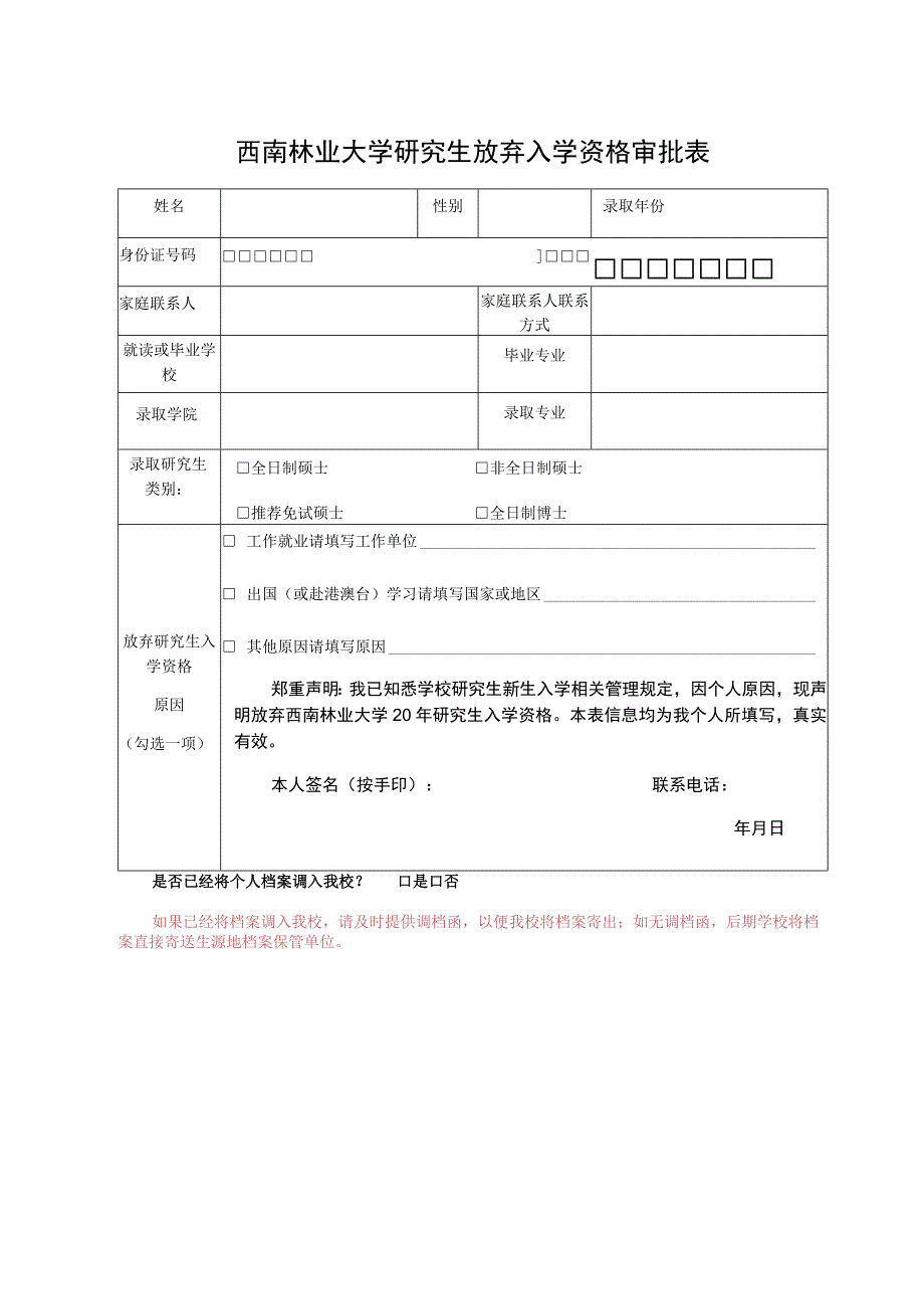 西南林业大学研究生放弃入学资格审批表.docx_第1页