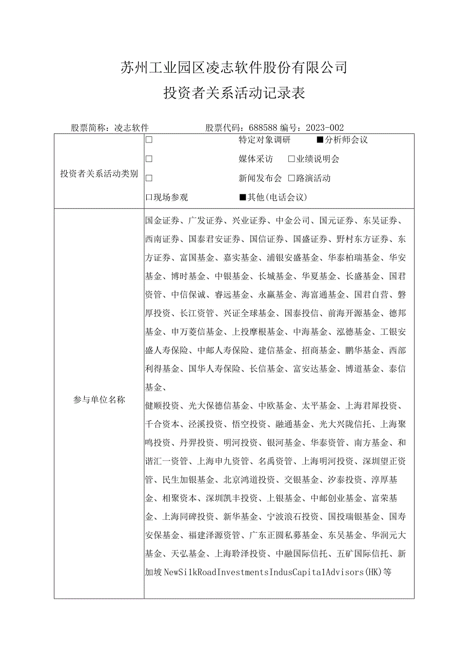 苏州工业园区凌志软件股份有限公司投资者关系活动记录表.docx_第1页