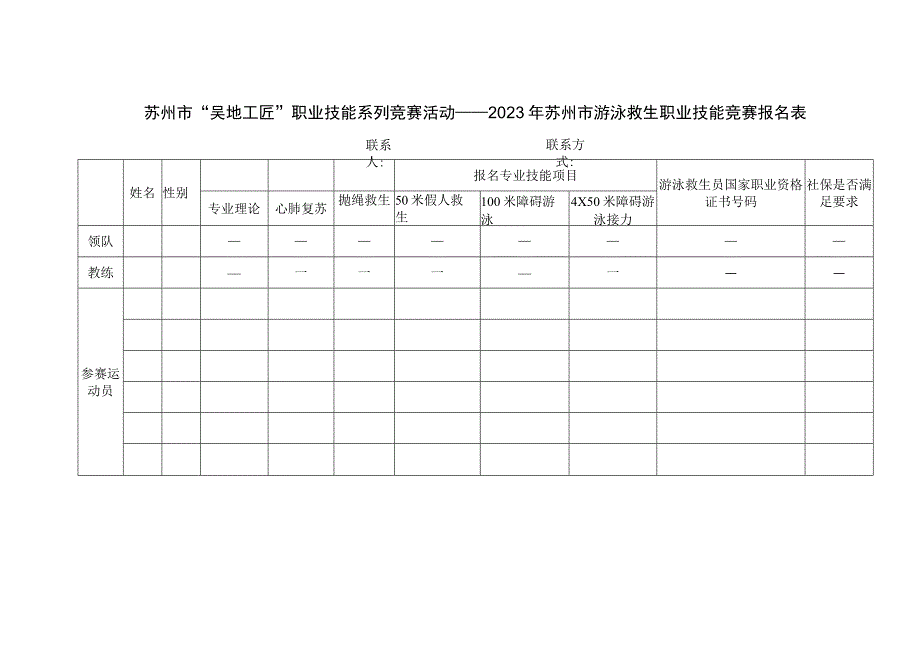 苏州市“吴地工匠”职业技能系列竞赛活动——2023年苏州市游泳救生职业技能竞赛报名表.docx_第1页