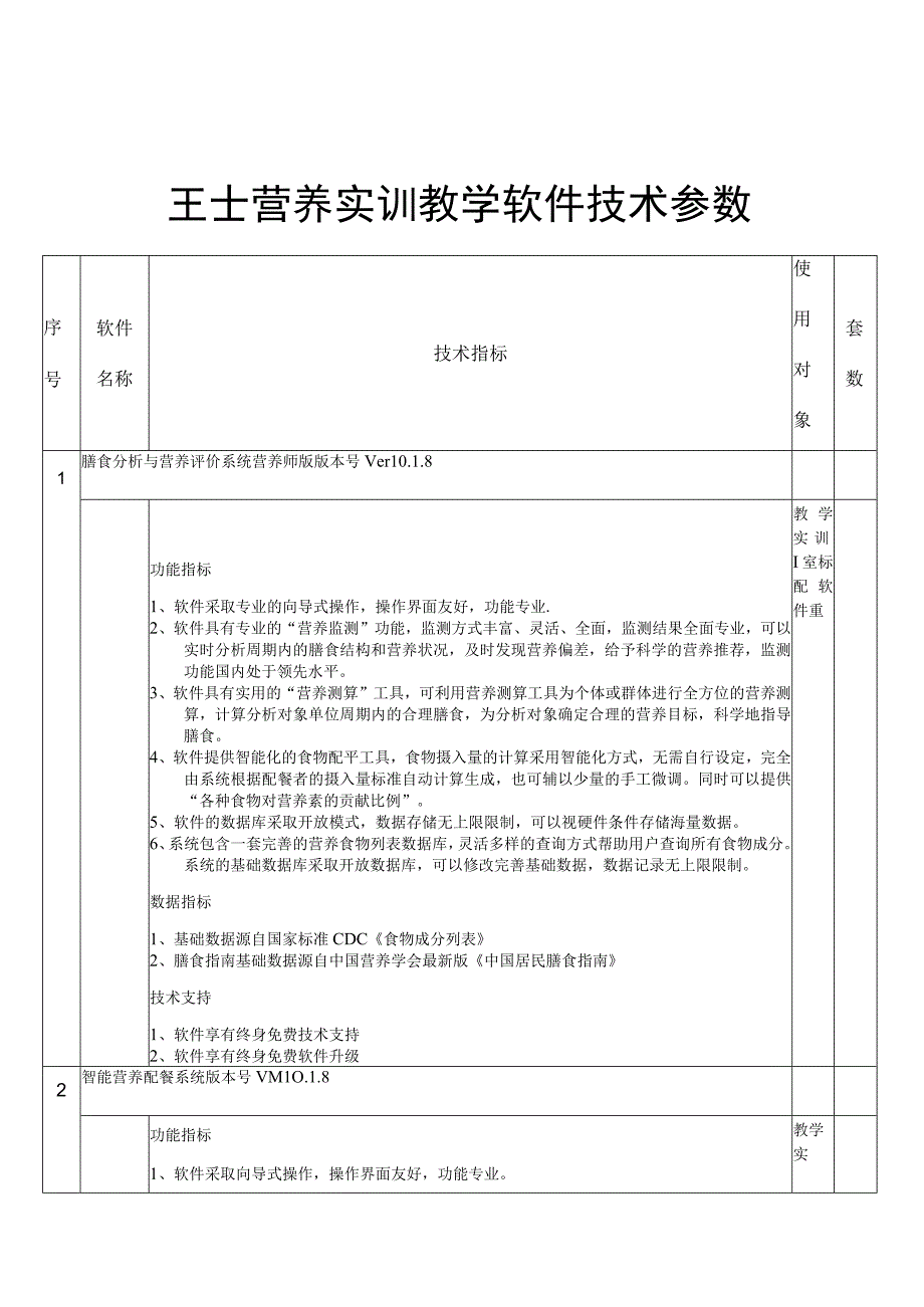 营养配餐实训软件技术参数（教学专用）.docx_第1页