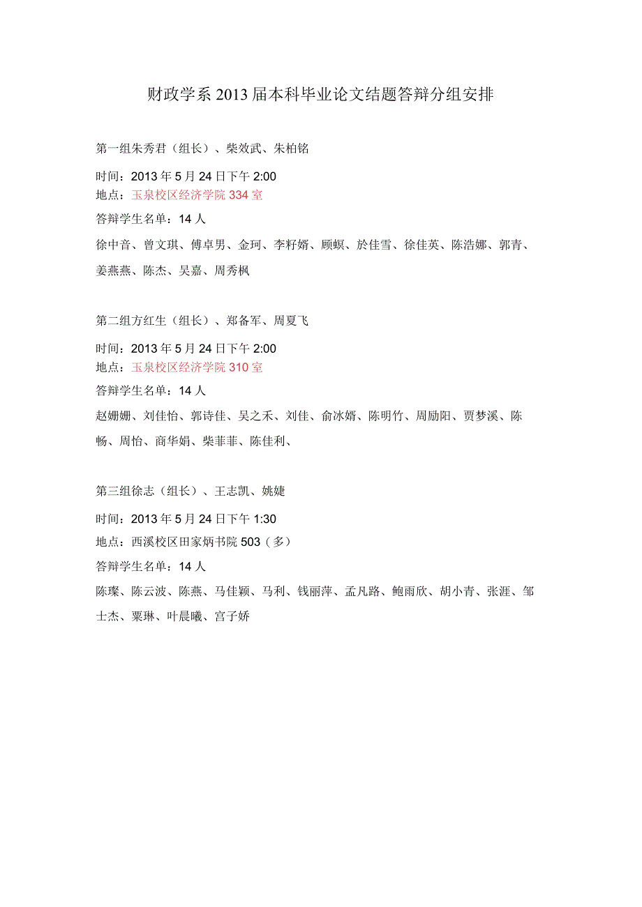 财政学系2013届本科毕业论文结题答辩分组安排.docx_第1页