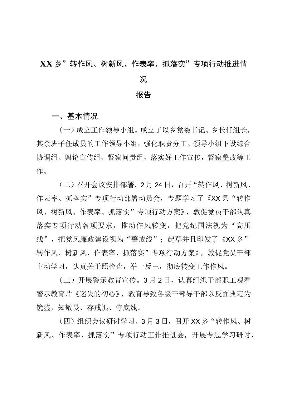 转作风树新风作表率抓落实专项行动推进情况报告.docx_第1页