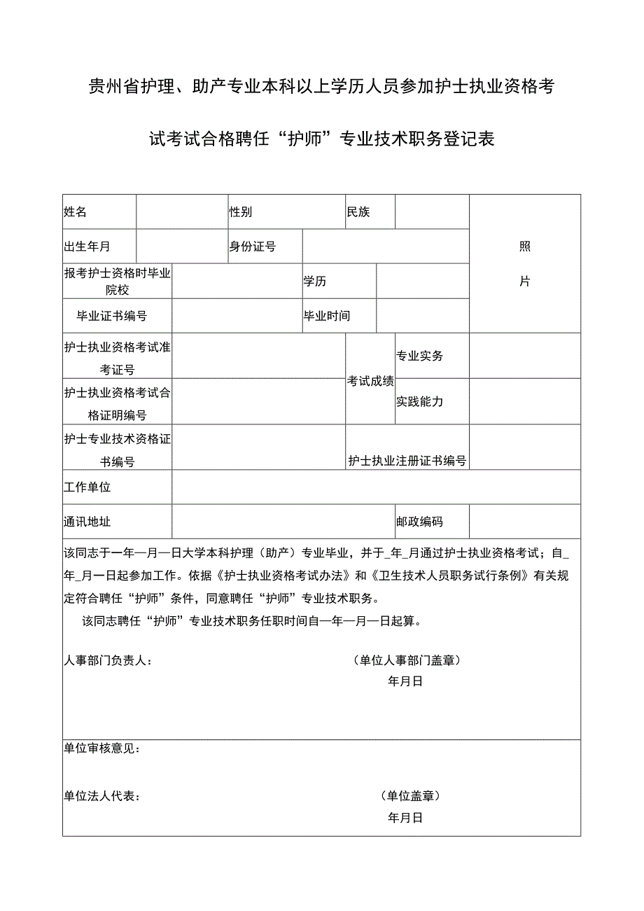 贵州省护理、助产专业本科以上学历人员参加护士执业资格考试考试合格聘任“护师”专业技术职务登记表.docx_第1页