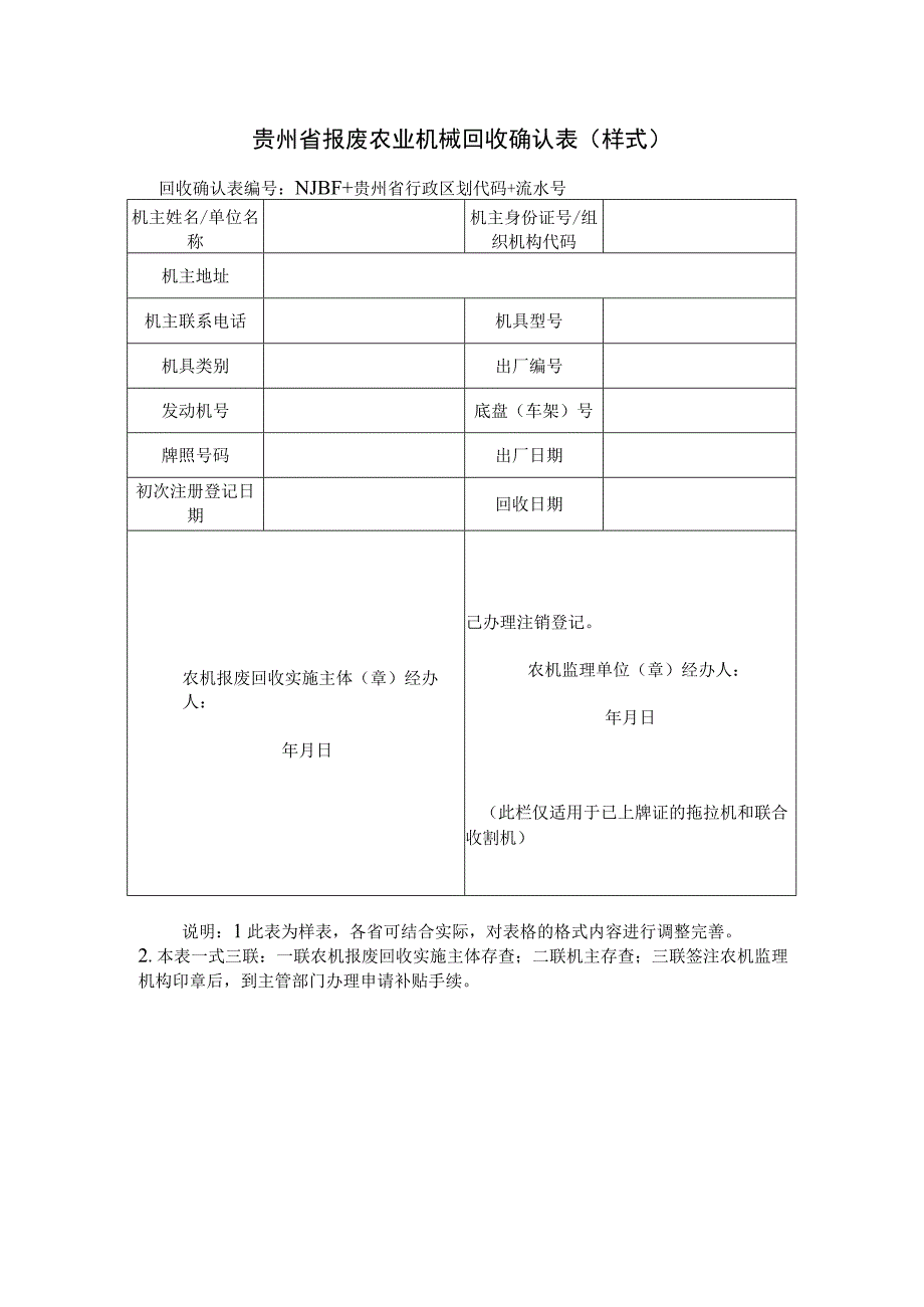 贵州省报废农业机械回收确认表样式.docx_第1页