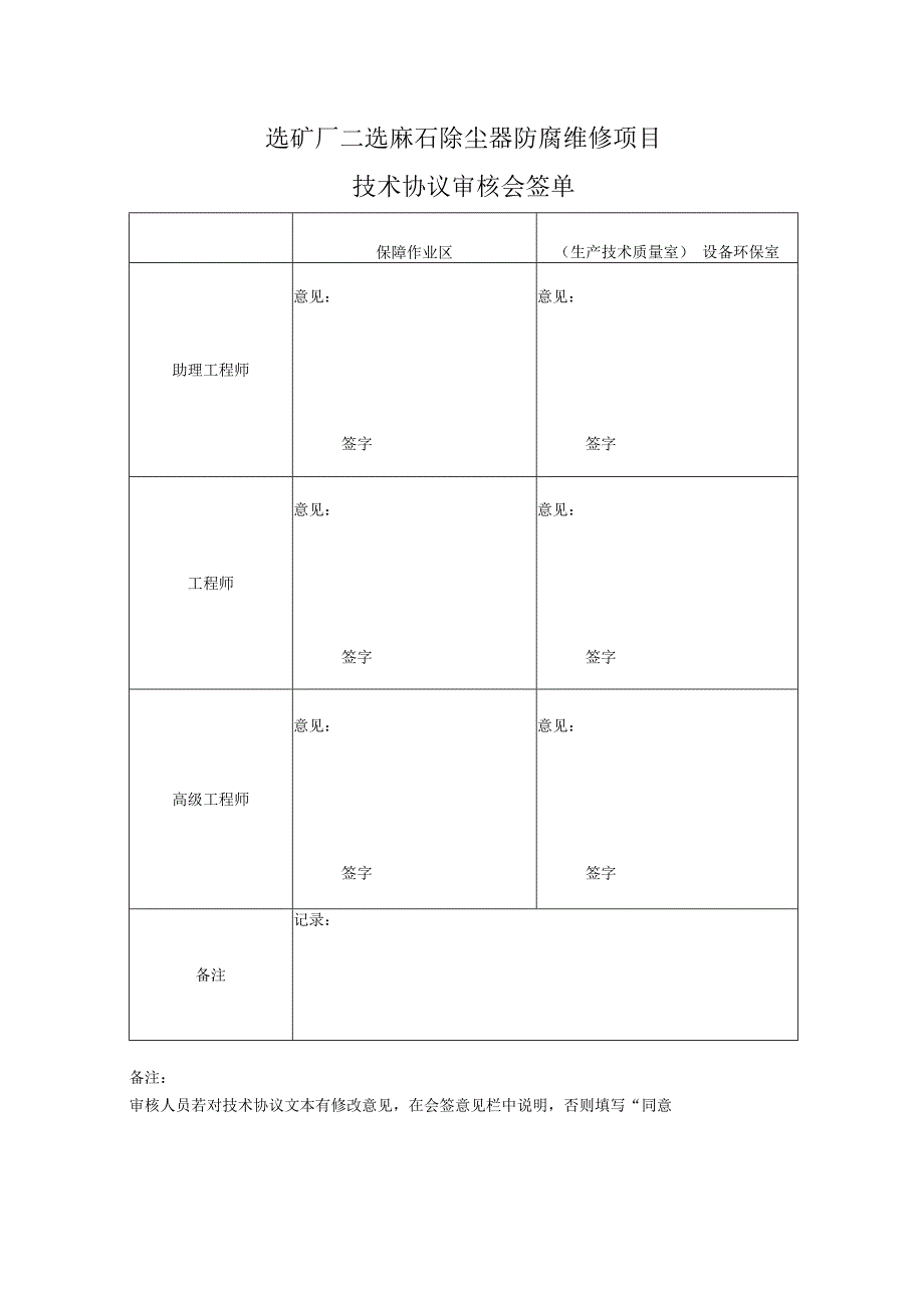 选矿厂二选麻石除尘器防腐维修项目技术协议审核会签单.docx_第1页