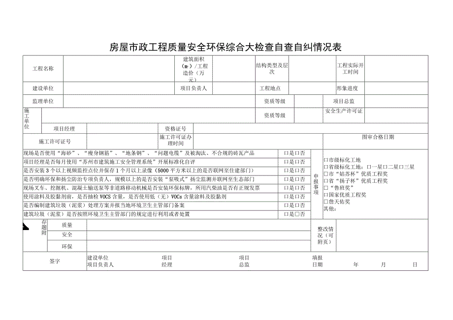 房屋市政工程质量安全环保综合大检查自查自纠情况表.docx_第1页