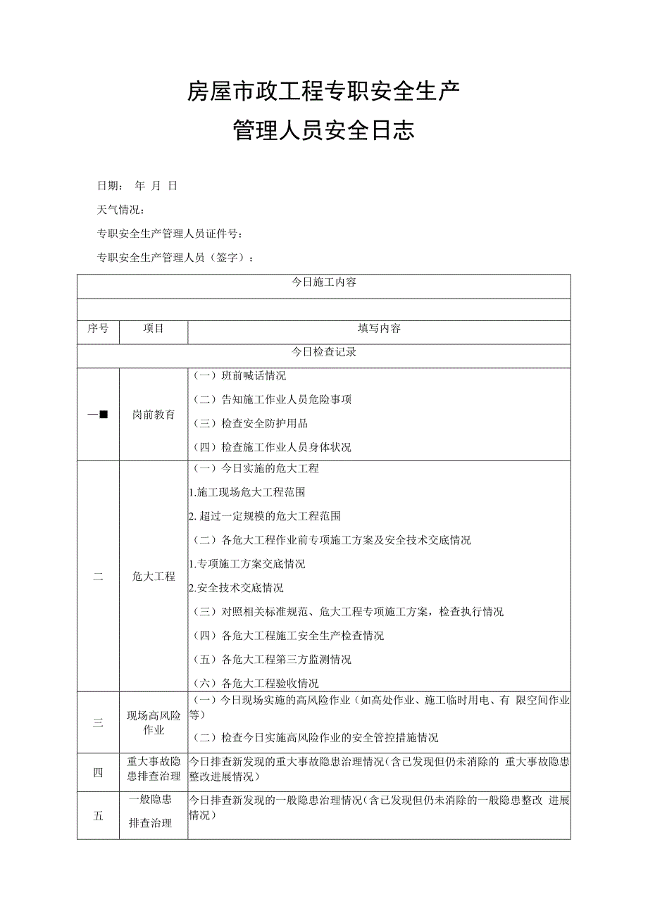 房屋市政工程专职安全生产管理人员安全日志.docx_第1页